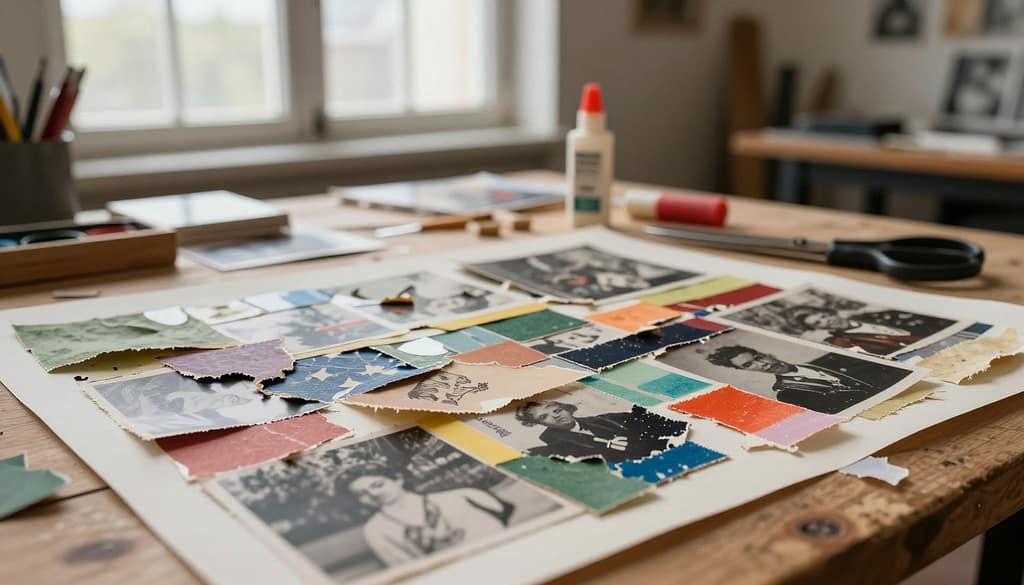 A dynamic analog collage depicting surrealist techniques, showcasing the intricate process of tearing, inlay, transfers, and adhesives. In the foreground, fragmented images of vintage photographs and textured paper overlapping with layers of colorful paint swatches and delicate fabric samples, partially torn at the edges. The middle ground features tools like scissors, glue sticks, and a craft knife scattered atop a wooden workspace, creating an inviting, creative atmosphere. The background reveals a softly lit artist's studio with natural light filtering through large windows, casting gentle shadows. The overall mood is one of artistic exploration and nostalgia, emphasizing the tactile, hands-on nature of analog collage methods.