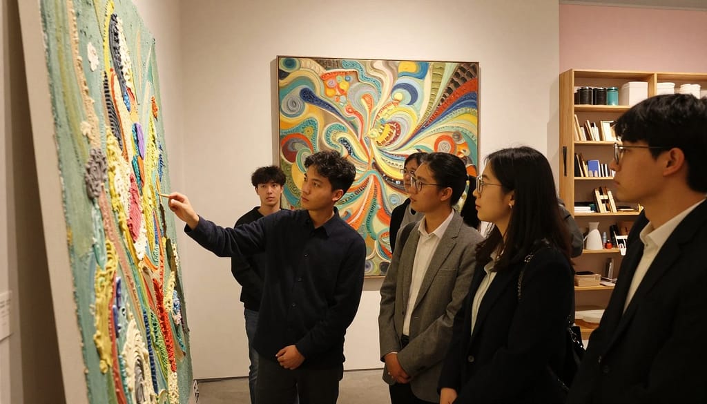 A surrealist art gallery setting with a focus on analyzing texture matrices and impasto techniques. In the foreground, a diverse group of art students in professional attire examines a large, textured canvas with vivid impasto brushstrokes. Their expressions are engaged and thoughtful. The middle ground features a large, abstract artwork filled with swirling colors and intricate textures, illuminated by soft, warm lighting that highlights the details. In the background, shelves lined with various artistic tools and materials create an inviting atmosphere, with hints of pale pastel colors on the walls. The overall mood is contemplative and creative, evoking a sense of exploration and discovery within the world of textured art. A surrealist art gallery setting with a focus on analyzing texture matrices and impasto techniques. In the foreground, a diverse group of art students in professional attire examines a large, textured canvas with vivid impasto brushstrokes. Their expressions are engaged and thoughtful. The middle ground features a large, abstract artwork filled with swirling colors and intricate textures, illuminated by soft, warm lighting that highlights the details. In the background, shelves lined with various artistic tools and materials create an inviting atmosphere, with hints of pale pastel colors on the walls. The overall mood is contemplative and creative, evoking a sense of exploration and discovery within the world of textured art.