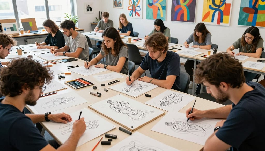 A vibrant art studio filled with dynamic energy, showcasing various gesture drawing techniques. In the foreground, a diverse group of artists is engaged in gesture drawing exercises, some using their non-dominant hand, others creating blind contour drawings, and all focused on capturing movement and form within strict time limits. They wear casual but professional clothing, reflecting a creative environment. In the middle, large sketch pads and charcoal sticks scatter on the table, highlighting the materials used. The background features colorful abstract artworks, sunlight streaming in through expansive windows, creating an inspiring atmosphere. The composition is captured with a wide-angle lens, emphasizing depth and movement, conveying a sense of spontaneity and artistic exploration. A vibrant art studio filled with dynamic energy, showcasing various gesture drawing techniques. In the foreground, a diverse group of artists is engaged in gesture drawing exercises, some using their non-dominant hand, others creating blind contour drawings, and all focused on capturing movement and form within strict time limits. They wear casual but professional clothing, reflecting a creative environment. In the middle, large sketch pads and charcoal sticks scatter on the table, highlighting the materials used. The background features colorful abstract artworks, sunlight streaming in through expansive windows, creating an inspiring atmosphere. The composition is captured with a wide-angle lens, emphasizing depth and movement, conveying a sense of spontaneity and artistic exploration.