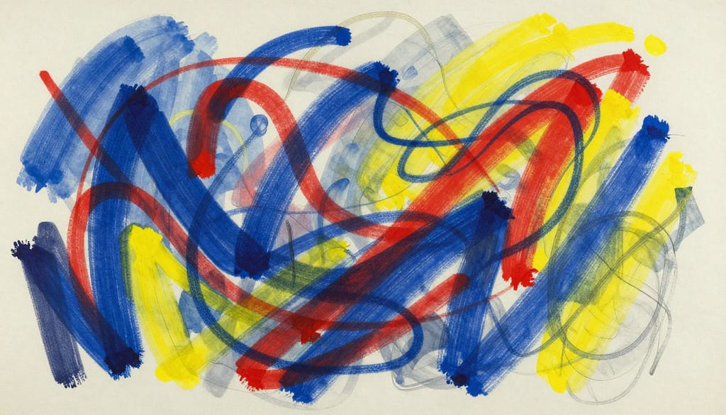 An abstract interpretation of André Masson's automatic drawing technique, focusing on dynamic, spontaneous gestures that evoke emotion. In the foreground, vivid, flowing lines and shapes swirl together in a cacophony of colors—deep blues, vibrant reds, and bright yellows reflecting an energy of creativity. In the middle ground, a faint translucency mimics the texture of paper, giving the impression of layered drawings overlapping. The background features soft, diffused lighting that highlights the artwork's vividness, casting gentle shadows to enhance depth. The scene captures an atmosphere of inspiration and introspection, emphasizing the connection between the artist's subconscious and the visual expression of ideas. The composition should have an organic feel, celebrating the essence of Surrealism through abstract forms.