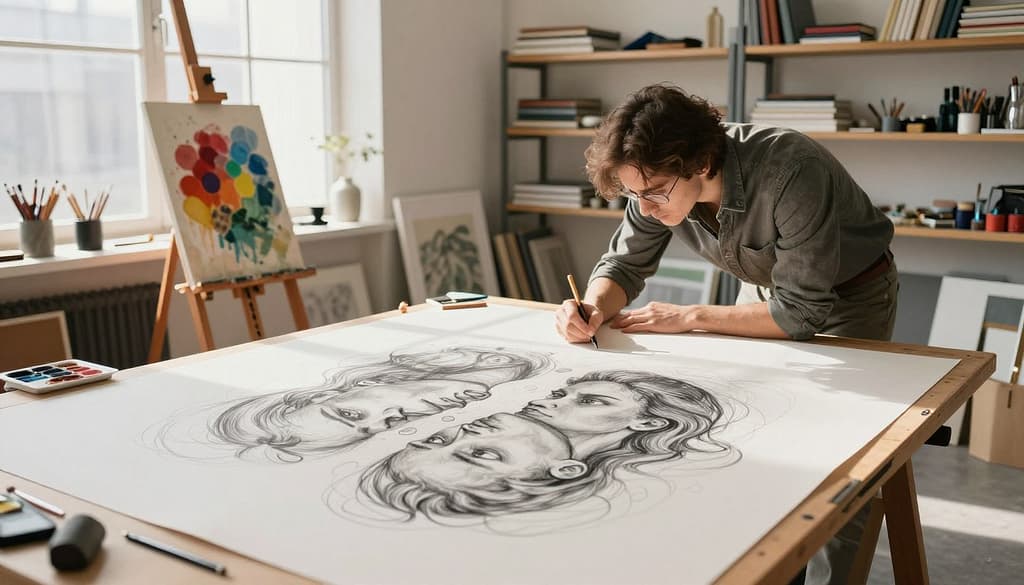 A bright studio filled with artistic tools and sketch pads, showcasing a double-image illusion on a large drawing board at the center. In the foreground, a partially rendered sketch shows two distinct images that meld into one, hinting at surrealism and the concept of perception. The middle ground features an easel with a vibrant color palette scattered around, while soft natural light streams through a large window, casting gentle shadows. In the background, shelves filled with art supplies and books create an inspiring atmosphere. An artist in professional attire leans over the drawing board, concentrated and engaged in the creative process. The overall mood is a blend of focus and imaginative exploration, embodying the spirit of artistic inquiry and experimentation.