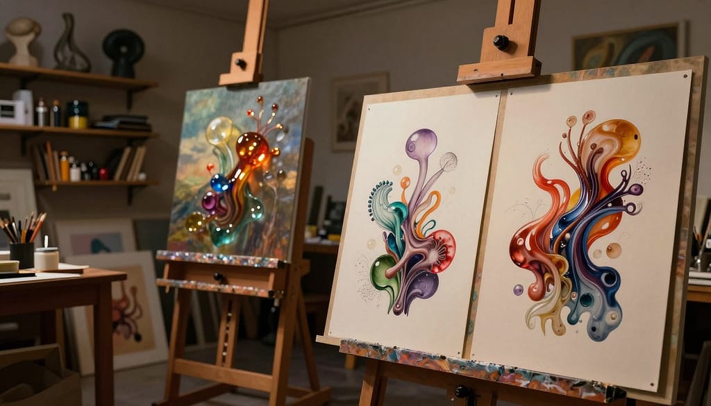 A veristic surrealism scene showcasing an artist's studio, with precise drawings displayed prominently in the foreground. The drawings feature hyper-realistic depictions of organic forms intertwined with dreamlike elements. In the middle ground, a large easel stands under soft, warm lighting, while delicate glass glazing techniques enhance the colors of the artwork, creating a vibrant interplay of light. The background reveals shelves filled with art supplies and abstract sculptures, contributing to the surreal atmosphere. The room is dimly lit, with a single spotlight illuminating the drawings, casting subtle shadows that add depth. The overall mood is contemplative and creative, inviting viewers to explore the intersection of realism and surrealism in art.