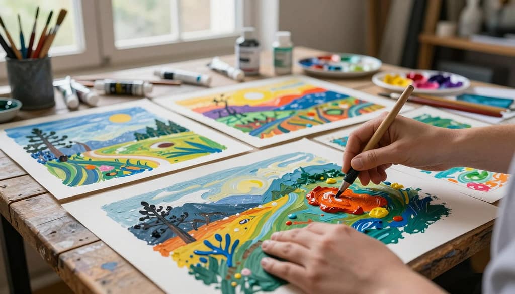 A vibrant studio scene illustrating the gouache transfer press and lift technique, showcasing a variety of colorful, abstract landscapes formed through this process. In the foreground, a close-up of an artist’s hands actively engaging with a textured surface, where rich blobs of gouache paint are being pressed onto paper, creating intricate designs. The middle ground features a vivid array of painted sheets displaying the results of the technique, with swirling patterns and layered colors. The background includes soft, diffuse lighting filtering through large windows, illuminating the creative chaos of paint tubes, brushes, and palettes scattered across a rustic wooden table. The atmosphere is dynamic and experimental, emphasizing the blend of artistic chance and intentionality in a surrealist context.
