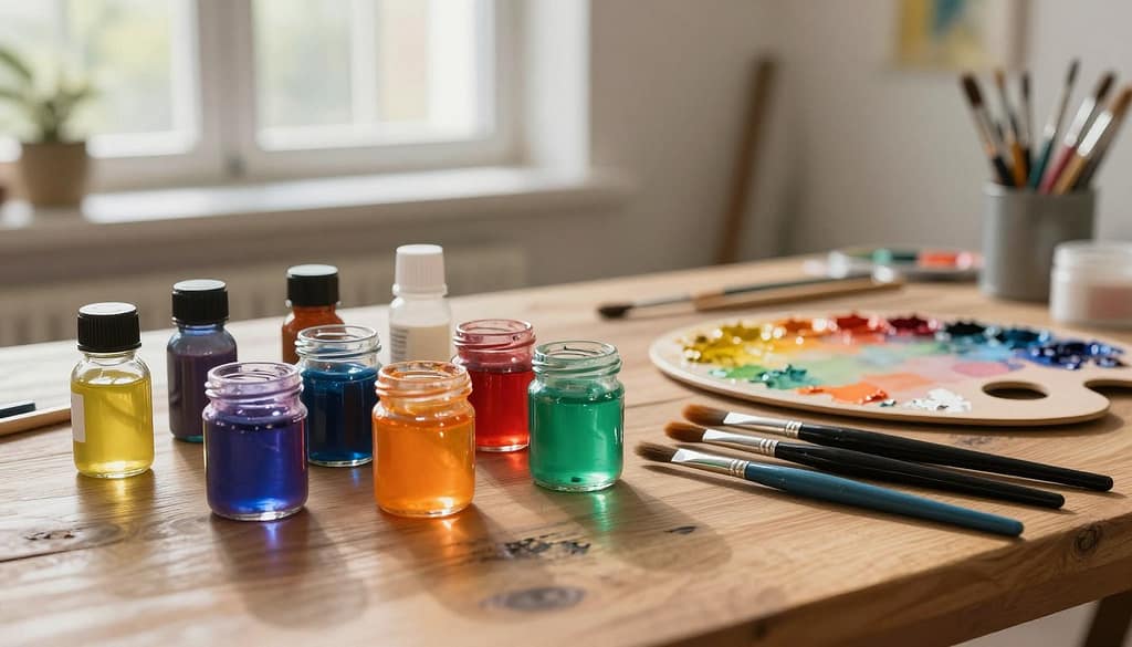 An elegant array of oil painting glazing materials and brushes artfully arranged on a wooden table. In the foreground, various glass jars filled with vibrant, translucent oils and mediums reflect light, lending a luminous quality to the scene. Scattered around are an assortment of high-quality brushes, each unique in size and shape, with bristles delicately coated in colorful pigments. The middle ground showcases a pristine palette, smeared with a spectrum of colors. In the background, a softly lit, airy studio space with large windows filters in natural light, enhancing the atmosphere of creativity. The composition captures a sense of artistic exploration, emphasizing the importance of safety and proper materials in the painting process. An elegant array of oil painting glazing materials and brushes artfully arranged on a wooden table. In the foreground, various glass jars filled with vibrant, translucent oils and mediums reflect light, lending a luminous quality to the scene. Scattered around are an assortment of high-quality brushes, each unique in size and shape, with bristles delicately coated in colorful pigments. The middle ground showcases a pristine palette, smeared with a spectrum of colors. In the background, a softly lit, airy studio space with large windows filters in natural light, enhancing the atmosphere of creativity. The composition captures a sense of artistic exploration, emphasizing the importance of safety and proper materials in the painting process.