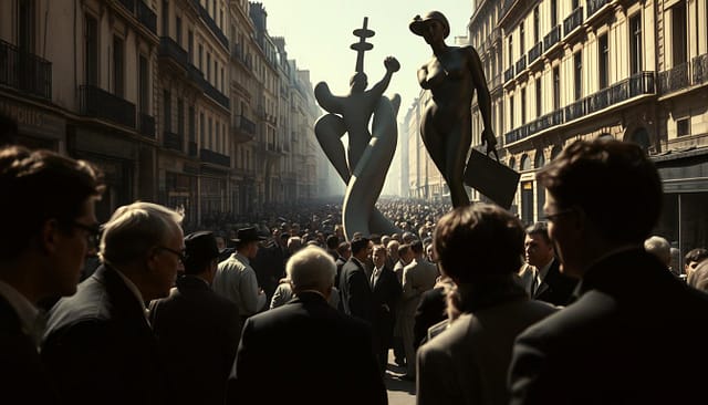 A bustling Parisian street in the 1920s, the air thick with the scent of controversy. In the foreground, a group of Surrealist artists, their faces obscured by the shadows, engaged in heated debate. The middle ground features a towering, dreamlike sculpture, its abstract forms casting strange shadows that seem to come alive. In the background, a crowd of onlookers, their expressions ranging from fascination to bewilderment, as they witness the unfolding scene. The lighting is dramatic, with sharp contrasts and a sense of unease, capturing the charged atmosphere of the Surrealist movement's immediate reception and the controversies that surrounded it. A bustling Parisian street in the 1920s, the air thick with the scent of controversy. In the foreground, a group of Surrealist artists, their faces obscured by the shadows, engaged in heated debate. The middle ground features a towering, dreamlike sculpture, its abstract forms casting strange shadows that seem to come alive. In the background, a crowd of onlookers, their expressions ranging from fascination to bewilderment, as they witness the unfolding scene. The lighting is dramatic, with sharp contrasts and a sense of unease, capturing the charged atmosphere of the Surrealist movement's immediate reception and the controversies that surrounded it.
