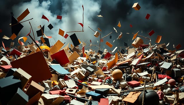 A chaotic, avant-garde rebellion against traditional art, Dadaism is captured in a dramatic, cinematic scene. In the foreground, abstract shapes and geometric forms collide in a whirlwind of vibrant colors and sharp contrasts, symbolizing the movement's rejection of conventional aesthetics. The middle ground features scattered, fragmented elements - torn paper, discarded objects, and unexpected juxtapositions - evoking the Dadaists' embrace of the absurd and the accidental. In the background, a hazy, ethereal backdrop suggests the dreamlike, subversive nature of Dadaist ideology, illuminated by dramatic, theatrical lighting that casts dramatic shadows and highlights the sense of upheaval and artistic revolution.