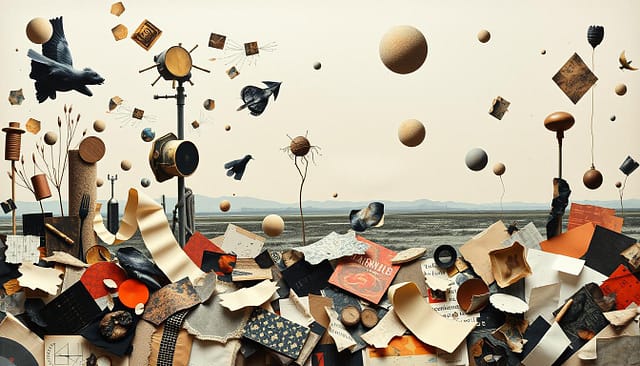 A surreal collage composition showcasing the principles of automatism in art. In the foreground, a diverse array of cut-out shapes, textures, and forms are haphazardly arranged, conveying a sense of spontaneity and chance. The middle ground features a striking contrast of organic and geometric elements, evoking a dreamlike, subconscious state. In the background, an ethereal, softly-lit environment sets the stage, with muted colors and a sense of ambiguity. The overall composition exudes a sense of juxtaposition, experimentation, and the liberation of the creative mind, perfectly capturing the essence of a student art project exploring surrealist techniques.