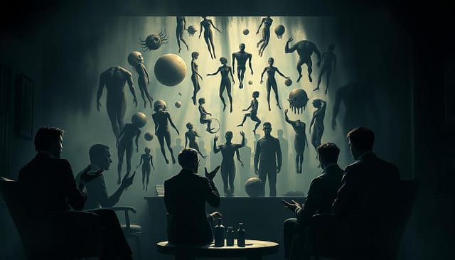 A surreal debate unfolds in a dimly lit study, the shadows casting an air of introspection. In the foreground, figures engage in lively discussion, their faces obscured in an impressionistic haze, hinting at the subjectivity of their arguments. The middle ground features a collection of abstract, dreamlike elements - floating shapes, disembodied limbs, and enigmatic symbols - symbolizing the elusive nature of the subconscious. The background is shrouded in a moody chiaroscuro, suggesting the depths of the psyche being explored. The overall scene conveys a sense of intensity and mystery, reflecting the heart of surrealist creation through the lens of a thought-provoking psychological debate. A surreal debate unfolds in a dimly lit study, the shadows casting an air of introspection. In the foreground, figures engage in lively discussion, their faces obscured in an impressionistic haze, hinting at the subjectivity of their arguments. The middle ground features a collection of abstract, dreamlike elements - floating shapes, disembodied limbs, and enigmatic symbols - symbolizing the elusive nature of the subconscious. The background is shrouded in a moody chiaroscuro, suggesting the depths of the psyche being explored. The overall scene conveys a sense of intensity and mystery, reflecting the heart of surrealist creation through the lens of a thought-provoking psychological debate.