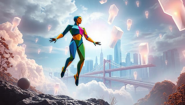 A surreal digital landscape, where the boundaries between reality and imagination blur. In the foreground, a disjointed figure composed of geometric shapes and vivid colors levitates, defying gravity. The middle ground features a dreamlike cityscape, skyscrapers and bridges intertwined with organic elements, creating a sense of ethereal harmony. The background showcases a sky filled with glowing, translucent prisms that cast a warm, diffused light, evoking a sense of tranquility and wonder. The scene is bathed in a soft, cinematic lighting, with a shallow depth of field that draws the viewer's attention to the central focus. This image captures the essence of modern art's legacy, where the juxtaposition of the familiar and the fantastical produces a captivating and thought-provoking visual experience. A surreal digital landscape, where the boundaries between reality and imagination blur. In the foreground, a disjointed figure composed of geometric shapes and vivid colors levitates, defying gravity. The middle ground features a dreamlike cityscape, skyscrapers and bridges intertwined with organic elements, creating a sense of ethereal harmony. The background showcases a sky filled with glowing, translucent prisms that cast a warm, diffused light, evoking a sense of tranquility and wonder. The scene is bathed in a soft, cinematic lighting, with a shallow depth of field that draws the viewer's attention to the central focus. This image captures the essence of modern art's legacy, where the juxtaposition of the familiar and the fantastical produces a captivating and thought-provoking visual experience.