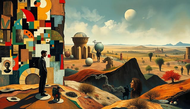 A surreal landscape where diverse art movements collide in a dreamlike juxtaposition. In the foreground, a cubist figure emerges from a distorted, kaleidoscopic background, blending seamlessly with impressionist brushstrokes and expressionist splashes of color. The middle ground features a surreal juxtaposition of shapes and forms, hinting at the influence of movements like abstract expressionism and futurism. In the distance, a hazy, ethereal horizon blends classical realism with the whimsical, subversive nature of surrealism. Soft, diffused lighting casts a contemplative, otherworldly atmosphere, inviting the viewer to explore the dynamic interplay between these artistic paradigms. A surreal landscape where diverse art movements collide in a dreamlike juxtaposition. In the foreground, a cubist figure emerges from a distorted, kaleidoscopic background, blending seamlessly with impressionist brushstrokes and expressionist splashes of color. The middle ground features a surreal juxtaposition of shapes and forms, hinting at the influence of movements like abstract expressionism and futurism. In the distance, a hazy, ethereal horizon blends classical realism with the whimsical, subversive nature of surrealism. Soft, diffused lighting casts a contemplative, otherworldly atmosphere, inviting the viewer to explore the dynamic interplay between these artistic paradigms.