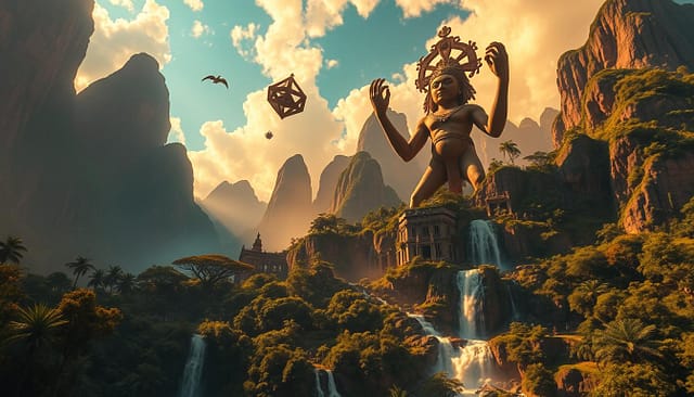 A vibrant Latin American landscape bathed in surreal hues, where towering mountains and lush rainforests mingle with fantastical architectural forms. In the foreground, a colossal, anthropomorphic figure emerges from the earth, its limbs stretching towards the sky. Cascading waterfalls and floating geometric shapes create a dreamlike atmosphere, hinting at the rich spiritual and cultural heritage of the region. Warm, golden lighting casts dramatic shadows, evoking a sense of mystery and wonder. Captured through the lens of a wide-angle camera, the scene conveys the bold, imaginative spirit of Latin American surrealism.