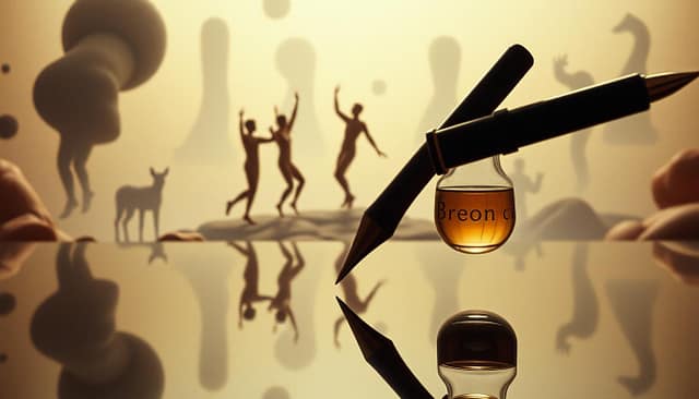 Surrealist Manifesto: A dreamlike landscape with Breton's pen and inkwell floating in the foreground, casting a distorted reflection on the surface below. In the middle ground, distorted human figures emerge from amorphous shapes, their limbs entwined in a surreal dance. The background is a hazy, ethereal realm of fragmented shapes and forms, suggesting the subconscious mind. Soft, warm lighting bathes the scene, creating an atmosphere of contemplation and introspection. Captured through a vintage lens, the image evokes the Freudian influences and the quest for artistic liberation that defined the Surrealist movement.