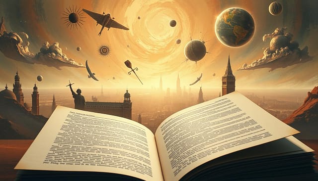 A surreal and philosophical landscape, bathed in a dreamlike, ethereal light. In the foreground, the bold, angular lines of a manifesto or treatise, its pages fluttering in a gentle breeze. Amidst the text, abstract shapes and symbols float, hinting at the subconscious and the unseen. The middle ground features a hazy, fragmented cityscape, its buildings and structures melting into the horizon. In the background, a swirling, kaleidoscopic sky, filled with nebulous forms and gestural brushstrokes, evoking the boundless realm of the imagination. Composition is balanced, with a sense of depth and dynamism, capturing the visionary and transformative spirit of Breton's surrealist philosophy.