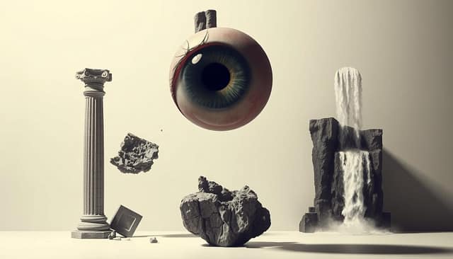 A surreal juxtaposition of dreamlike elements, set against a stark, minimalist backdrop. In the foreground, a disembodied eye levitates, its iris a swirling vortex. Surrounding it, fragmented forms - a crumbling column, a geometric shape, and a cascading waterfall - coexist in an impossible, gravity-defying arrangement. The lighting is dramatic, casting sharp shadows and highlighting the contrast between the concrete and the ethereal. The overall atmosphere is one of psychological tension and a subversion of reality, mirroring the inner workings of the subconscious mind.