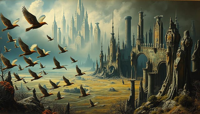 A surreal dreamscape inspired by the collage techniques and subversive imagination of Max Ernst. In the foreground, a flock of mystical bird-like creatures take flight, their forms a kaleidoscope of organic textures and fragmented elements. The middle ground features a sprawling, fantastical landscape, with towering, architecturally-impossible structures and disjointed natural forms. The background is shrouded in an atmospheric, moody lighting, creating a sense of otherworldly ambiance. The entire scene exudes a sense of wonder, curiosity, and the subversion of conventional perception - a visual manifestation of the "Imagination Revolution" championed by the Surrealist movement. A surreal dreamscape inspired by the collage techniques and subversive imagination of Max Ernst. In the foreground, a flock of mystical bird-like creatures take flight, their forms a kaleidoscope of organic textures and fragmented elements. The middle ground features a sprawling, fantastical landscape, with towering, architecturally-impossible structures and disjointed natural forms. The background is shrouded in an atmospheric, moody lighting, creating a sense of otherworldly ambiance. The entire scene exudes a sense of wonder, curiosity, and the subversion of conventional perception - a visual manifestation of the "Imagination Revolution" championed by the Surrealist movement.