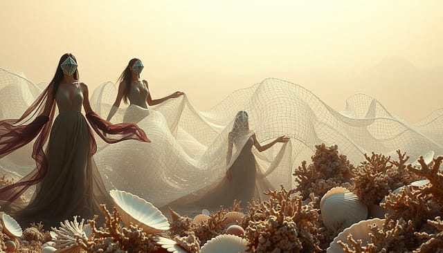 A surreal dreamscape featuring a group of empowered, ethereal women in a mythic, enigmatic setting. In the foreground, three elegant figures with flowing, abstract garments and faces obscured by geometric, crystalline masks, embodying themes of feminist and mythic archetypes. In the middle ground, a shimmering, translucent veil of shattered seashells and fragments of coral, casting a magical, underwater-like ambiance. In the distant background, a hazy, pastel-hued horizon with softly undulating forms, evoking a sense of the subconscious and the transcendent. Bathed in a warm, diffuse light that casts long, dramatic shadows, creating an atmosphere of mystery and wonder.