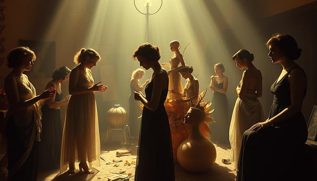 A surreal gathering of pioneering female surrealist artists, bathed in a dreamlike, atmospheric light. In the foreground, Leonora Carrington, Remedios Varo, and Dorothea Tanning immerse themselves in imaginative, otherworldly scenes, their figures shrouded in shimmering, ethereal textures. In the middle ground, Eileen Agar, Leonora Sage, and Meret Oppenheim collaborate on a fantastical, sculptural installation, their movements captured in a blur of creative energy. In the distant background, the elusive Claude Cahun contemplates the viewer through a hazy, enigmatic gaze, embodying the subversive spirit of the surrealist movement.
