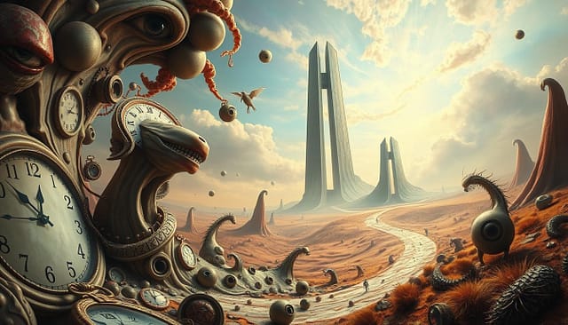A surreal landscape where the boundaries between the tangible and the imaginary blur. In the foreground, a swirling vortex of distorted, dreamlike forms – melting clocks, disembodied eyes, and otherworldly creatures. The middle ground features a towering, abstract structure, its geometric shapes and angles defying conventional architecture. In the background, a hazy, ethereal sky, painted with vibrant, iridescent hues that seem to shift and dance. The lighting is soft and diffused, creating an atmosphere of tranquility and mystery. The overall composition evokes a sense of the subconscious, where the familiar and the strange coexist in a captivating, visually striking manner, reflecting the literary influence of surrealist poets and writers. A surreal landscape where the boundaries between the tangible and the imaginary blur. In the foreground, a swirling vortex of distorted, dreamlike forms – melting clocks, disembodied eyes, and otherworldly creatures. The middle ground features a towering, abstract structure, its geometric shapes and angles defying conventional architecture. In the background, a hazy, ethereal sky, painted with vibrant, iridescent hues that seem to shift and dance. The lighting is soft and diffused, creating an atmosphere of tranquility and mystery. The overall composition evokes a sense of the subconscious, where the familiar and the strange coexist in a captivating, visually striking manner, reflecting the literary influence of surrealist poets and writers.