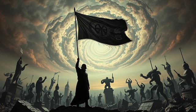 A surreal political landscape, a dreamlike juxtaposition of symbols and figures. In the foreground, a shadowy figure, their identity obscured, stands resolute, holding aloft a banner emblazoned with cryptic markings. The middle ground is a swirling vortex of disjointed forms - fragmented statues, crumbling edifices, and distorted, hybrid creatures. In the distance, a vast, unsettling sky, tinged with eerie hues, serves as a backdrop to this unsettling tableau. The lighting is dramatic, with stark contrasts and deep shadows, conveying a sense of unease and tension. The overall atmosphere is one of resistance, subversion, and the blurring of boundaries between the real and the imagined.