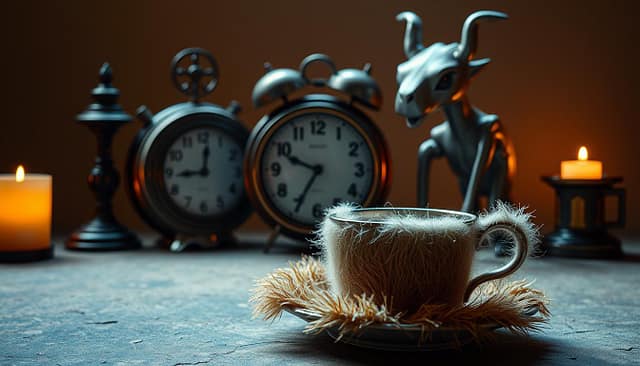 A surreal tableau of symbolic objects, illuminated by a soft, diffused light. In the foreground, a tactile, furry cup-and-saucer set, a playful subversion of the mundane. The middle ground features a melting clock, a Dalí-esque distortion of time. In the background, an enigmatic, shapeshifting form - perhaps a hybrid of animal and machine - gazes upon the scene, hinting at deeper layers of metaphor. The entire composition conveys a sense of mystery and the juxtaposition of the familiar and the strange, embodying the spirit of Surrealist symbolism. A surreal tableau of symbolic objects, illuminated by a soft, diffused light. In the foreground, a tactile, furry cup-and-saucer set, a playful subversion of the mundane. The middle ground features a melting clock, a Dalí-esque distortion of time. In the background, an enigmatic, shapeshifting form - perhaps a hybrid of animal and machine - gazes upon the scene, hinting at deeper layers of metaphor. The entire composition conveys a sense of mystery and the juxtaposition of the familiar and the strange, embodying the spirit of Surrealist symbolism.