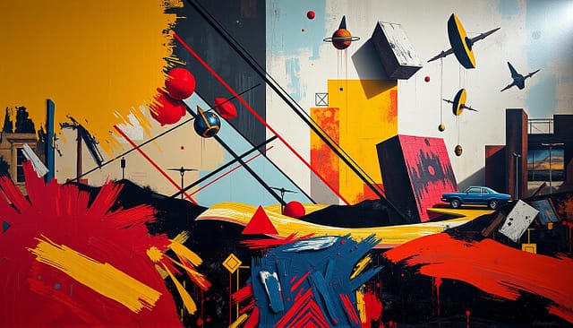A surreal modern art composition featuring abstract expressionist brushstrokes and pop art-inspired geometric shapes. In the foreground, bold brushwork in vibrant hues creates a sense of energy and movement. The middle ground showcases intersecting lines and angular forms in a range of colors, evoking a conceptual, deconstructed aesthetic. In the background, dreamlike elements such as floating objects and distorted perspectives hint at the subconscious influences of surrealism. Dramatic lighting casts dramatic shadows, enhancing the sense of depth and mystery. The overall atmosphere is one of artistic experimentation, blending diverse stylistic elements to create a visually captivating and thought-provoking image.